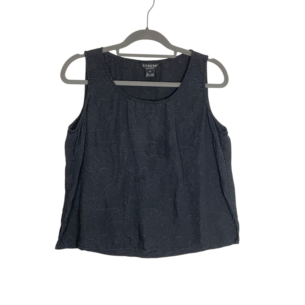 Citron Santa Monica Silk Jacquard Floral Tank Top PL Black Sleeveless Shell VTG